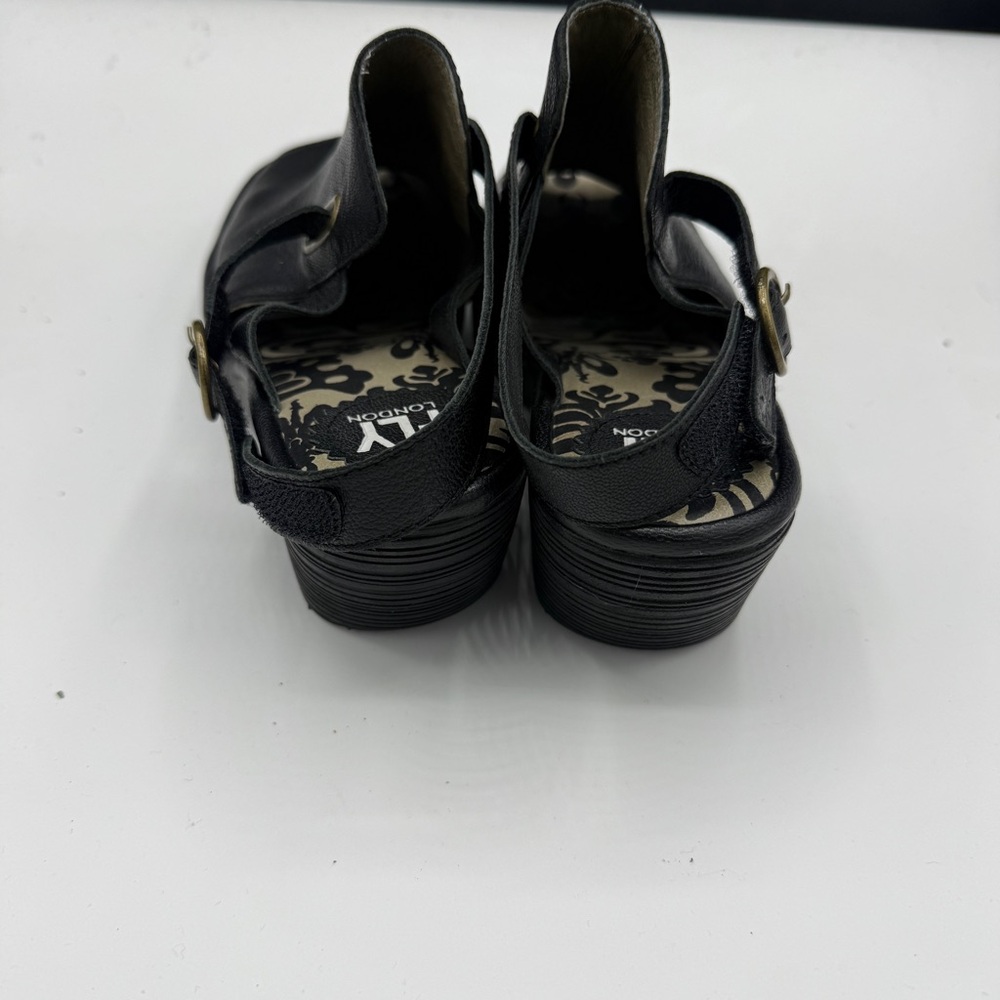 Fly London Black Leather Heeled Wena Sandals Buckle Strap - Picture 4 of 9